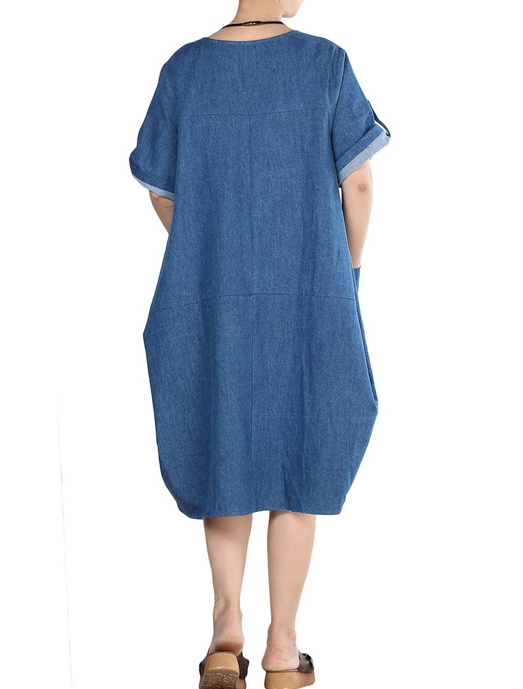 LaovanIn Women's Plus Size Tunic Dress Summer Cotton Linen T Shirt Knee-Length Dresses Denim Blue Medium - Image 4